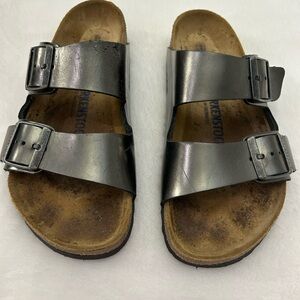Birkenstock Arizona Metallic Anthracite Leather Soft Footbed Sandals EU 38 L7 M5